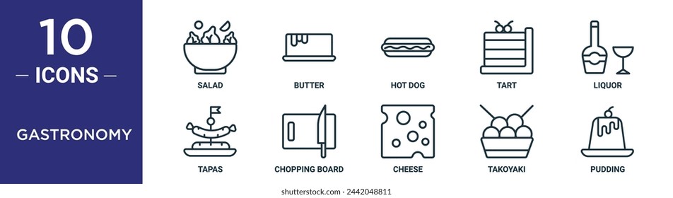 gastronomy outline icon set includes thin line salad, butter, hot dog, tart, liquor, tapas, chopping board icons for report, presentation, diagram, web design