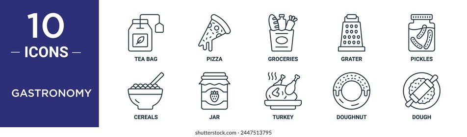 Gastronomie Outline Icon Set umfasst dünne Linie Teebeutel, Pizza, Lebensmittel, Reibe, Gurken, Getreide, Glas Icons für Bericht, Präsentation, Diagramm, Webdesign
