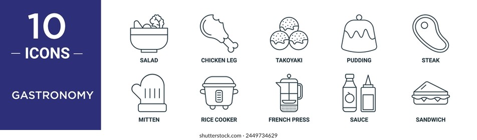 gastronomy outline icon set includes thin line salad, chicken leg, takoyaki, pudding, steak, mitten, rice cooker icons for report, presentation, diagram, web design
