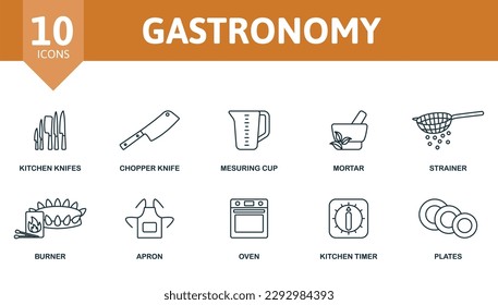 Gastronomy outline set. Creative icons: kitchen knifes, chopper knife, measuring cup, mortar, strainer, burner, apron, oven, kitchen timer, plates.