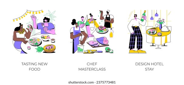 Gastronomy tour isolated cartoon vector illustrations set. Tasting new food, gastronomic experience, try traditional cuisine, Chef masterclass, cooking lesson, stay in design hotel vector cartoon.