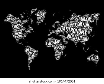 Gastronomy word cloud in shape of world map, concept background