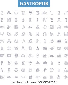 Gastropub line icons, signs set. Pub, Gastro, Drink, Kitchen, Restaurant, Food, Beer, Wine, Cider outline vector illustrations.