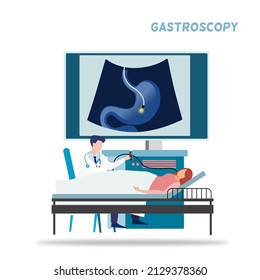 Gastroscopy concept, a doctor sitting next to the patient bed, a lady laying doing Gastroscopy and human gastric on a screen, green and blue tone color, stomachache, indigestion 