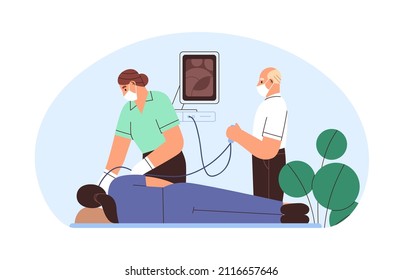 Gastroscopy for digestive system examination. Gastrointestinal probe with gastroscope tube from throat to stomach. Endoscopy with endosope. Flat vector illustration isolated on white background