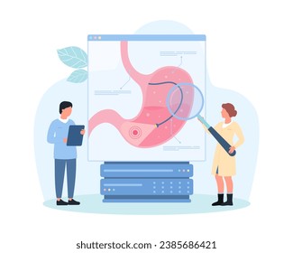 Gastroscopy, endoscopy for diagnosis of stomach diseases vector illustration. Cartoon tiny people with magnifying glass, medical endoscope with light examine upper digestive tract of patient on screen