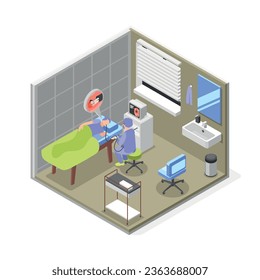 Gastroscopy isometric composition with patient lying on his side and specialist conducting medical procedure using high tech equipment vector illustration