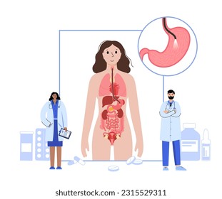 Gastroskopie-Verfahren. Gastroenterologe verwendet ein Gastroskop. Stomach und Duodenum-Diagnostik. Gastroenterologie, Endoskopie und gastrointestinale Erkrankungen. Infektion des Verdauungssystems und BehandlungsVektorgrafik