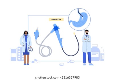 Gastroscopy procedure. Gastroenterologist uses a gastroscope. Endoscopy, stomach diagnostic in clinic. Gastroenterology, gastrointestinal infection. Digestive tract disease and treatment flat vector