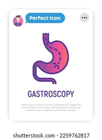 Icono de línea delgada gastroscópico: endoscopio en el estómago. Prueba médica. Ilustración vectorial moderna.