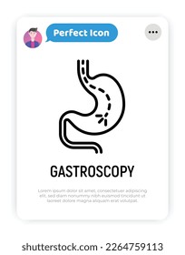 Gastroscopy thin line icon: endoscope in stomach. Medical test. Modern vector illustration.