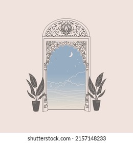 Gate in ancient indian style. Vector hand drawn illustration
