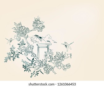 gate blossom dragonfly mountain  nature landscape view vector sketch illustration japanese chinese oriental line art ink card background