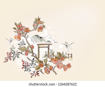 gate blossom dragonfly mountain  nature landscape view vector sketch illustration japanese chinese oriental line art ink card background