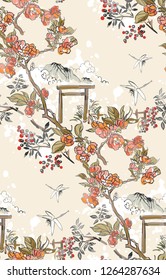 gate blossom dragonfly mountain nature landscape view vector sketch illustration japanese chinese oriental line art ink seamless pattern