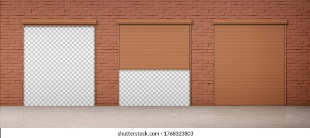 Gate with brown rolling shutter in brick wall. Vector realistic set of closed and open roller up for garage or warehouse door. Building facade with blinds and transparent background behind