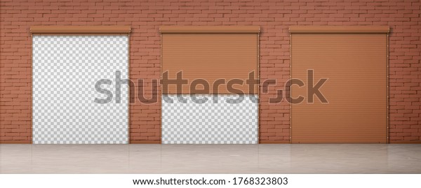 Gate\
with brown rolling shutter in brick wall. Vector realistic set of\
closed and open roller up for garage or warehouse door. Building\
facade with blinds and transparent background\
behind