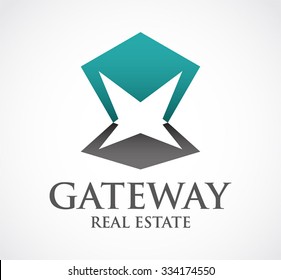 Gate building with shadow abstract vector and logo design or template real estate business icon of company identity symbol concept