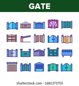 Gate Entrance Tool Collection Icons Set Vector. Garage And Parking Barrier Security Equipment, Metallic Material Residence Gate Concept Linear Pictograms. Color Illustrations