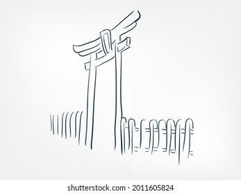gate fence temple vector illustration japanese chinese ink line sketch