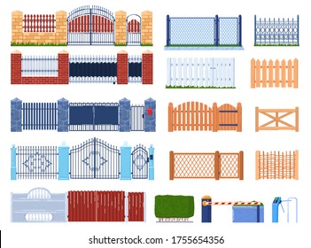 Gate and fence vector illustration set. Cartoon flat wooden or stone brick structures collection for fenced garden houses and farm, gatepost, metal iron wrought fences, hedge icon isolated on white