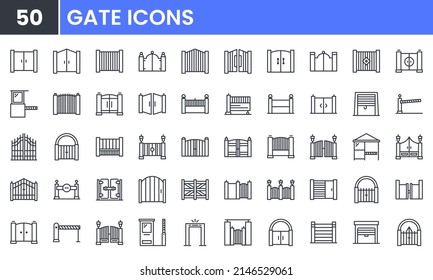 Gate and Fence vector line icon set. Contains linear outline icons like Door Entrance, Garage, Stop Sign, Parking Barrier Security, Residence Gate, Automatic Gate. Editable use and stroke for web.