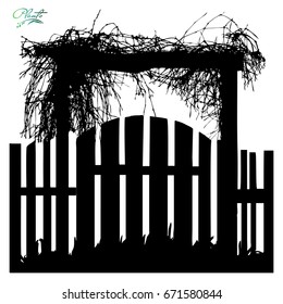 Gate in the field, plants silhouette. Climbing plant. Detailed vector illustration.