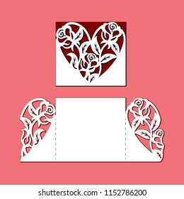 Gate fold invitation card. Laser cutting template of openwork vector silhouette. Lace border at vintage style for Valentine's day. Wedding envelope with heart and roses pattern on red background.