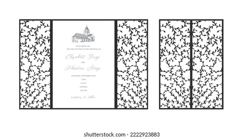 Gate fold laser cut Ornamental wedding invitation card template. Design for laser cut or die cut template