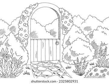 Gate in the garden graphic black white landscape sketch illustration vector