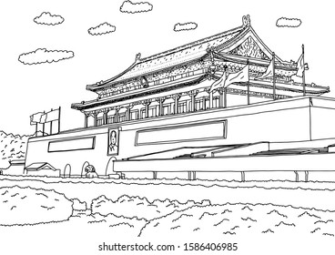 Gate Heavenly Peace Tian An Men in Tiananmen Square Beijing China vector illustration sketch doodle hand drawn and black lines isolated white background