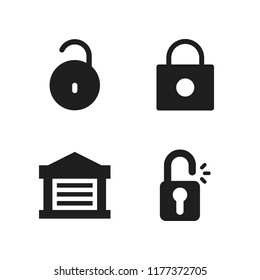 gate icon. 4 gate vector icons set. open padlock, garage and lock icons for web and design about gate theme