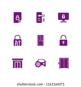 gate icon. 9 gate set with door, elevator, garage and lock vector icons for web and mobile app