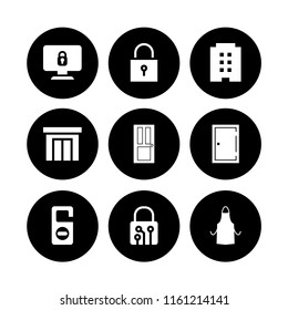 gate icon. 9 gate set with door, apron silhouette, hotel with three floors and lock vector icons for web and mobile app