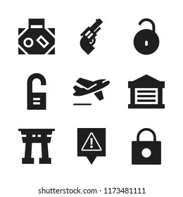 gate icon. 9 gate vector icons set. lock, garage and torii gate icons for web and design about gate theme