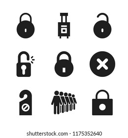 gate icon. 9 gate vector icons set. luggage, queing and open padlock icons for web and design about gate theme