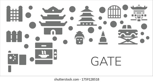 Gate-Icon-Set. 11 gefüllte Gate-Symbole.  Einfache, moderne Symbole wie: Zaun, Pagoda, Geisha, China, Tempel, Aufzug, Tor