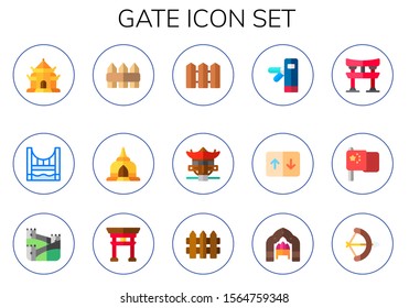 gate icon set. 15 flat gate icons.  Simple modern icons about  - pagoda, golden gate bridge, fence, turnstiles, elevator, torii, china, great wall of china, torii arch