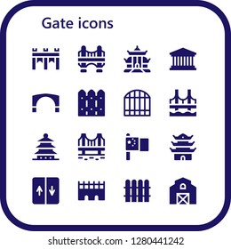  gate icon set. 16 filled gate icons. Simple modern icons about  - Bridge, Pagoda, Pantheon, Stari most, Fence, Gate, China, Elevator, Barn