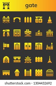 gate icon set. 26 filled gate icons.  Simple modern icons about  - Bridge, Arch, Stari most, Fence, Gate, Temple, Dolmen, Double door, Elevator, Berlin, Brandenburg China
