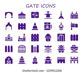  gate icon set. 30 filled gate icons. Simple modern icons about  - Stari most, Brandenburg gate, Elevator, Scarecrow, Tokyo, Bridge, Arch, Fence, Temple, Fernsehturm berlin, China