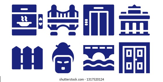 gate icon set. 8 filled gate icons.  Collection Of - Fence, Elevator, Geisha, Bridge, Double door, Brandenburg gate