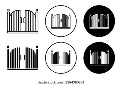 Gate-Symbol-Set. geschlossenes Gartentor aus Stahl, Vektorsymbol. Bauernhaus-Eisentor Schild in schwarz gefüllt und umrissen Stil.