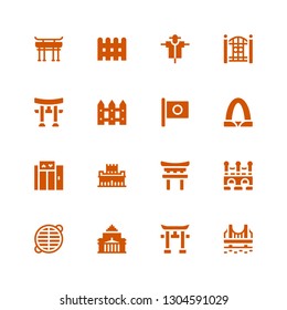 gate icon set. Collection of 16 filled gate icons included Golden gate, Torii, Shrine remembrance, Grate, Bridge, Alhambra, Elevator, Gateway arch, Japan, Fence, Scarecrow, Torii