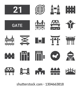 gate icon set. Collection of 21 filled gate icons included Bridge, Fence, Alcala gate, Tower bridge, Chiang kai shek, China, Elevator, Torii Torii, Medieval walls, Golden