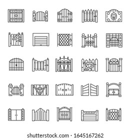 Gate, icon set. Gateway made of wood, iron, stone, brick. big and small. for urban facades, castles, building. linear icons. Line with editable stroke