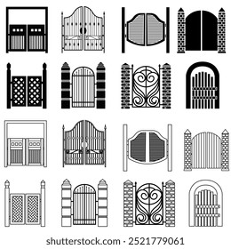 Ícone de portão vetor definido. Coleção de sinais de ilustração Wicket. Símbolo ou logotipo da cerca.