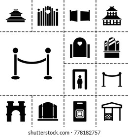 Gate icons. set of 13 editable filled gate icons such as arch, temple, red carpet barrier, gazebo