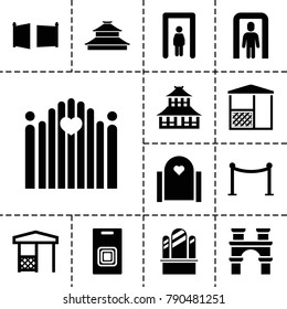 Gate icons. set of 13 editable filled gate icons such as temple, red carpet barrier, gazebo, door bell