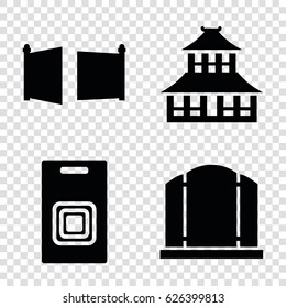 Gate icons set. set of 4 gate filled icons such as temple, gate
